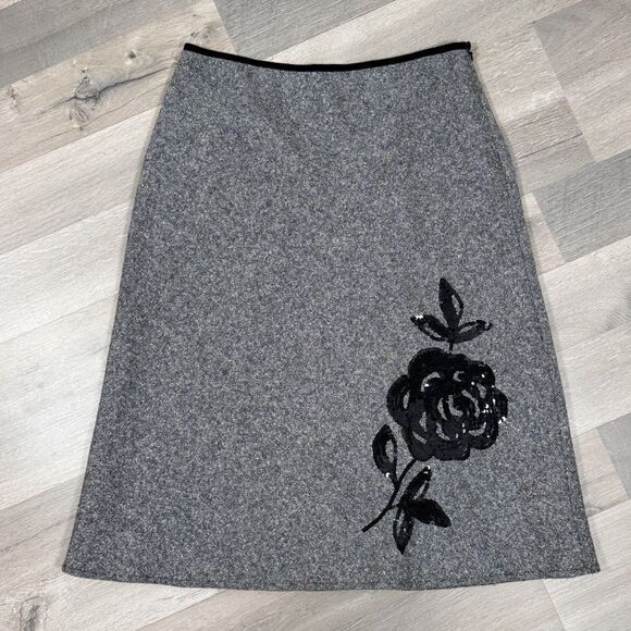 The Limited Sequin Flower Wool Silk Blend Tweed A Line Skirt Grey 4 Retro Career - Picture 12 of 12